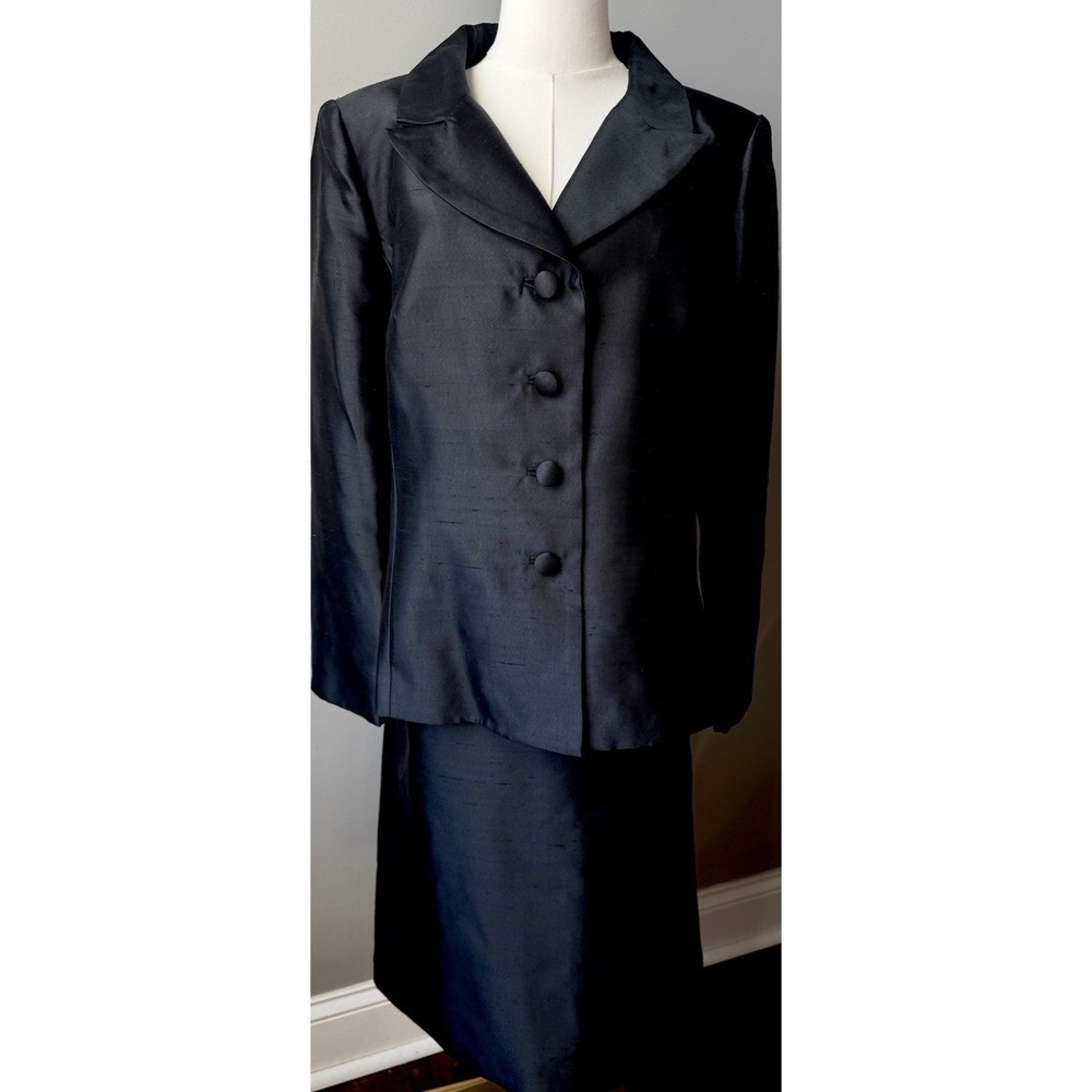 Vintage Montage By Mon Cheri Black 100% Silk Shantung Suit 14 Mother Of Bride